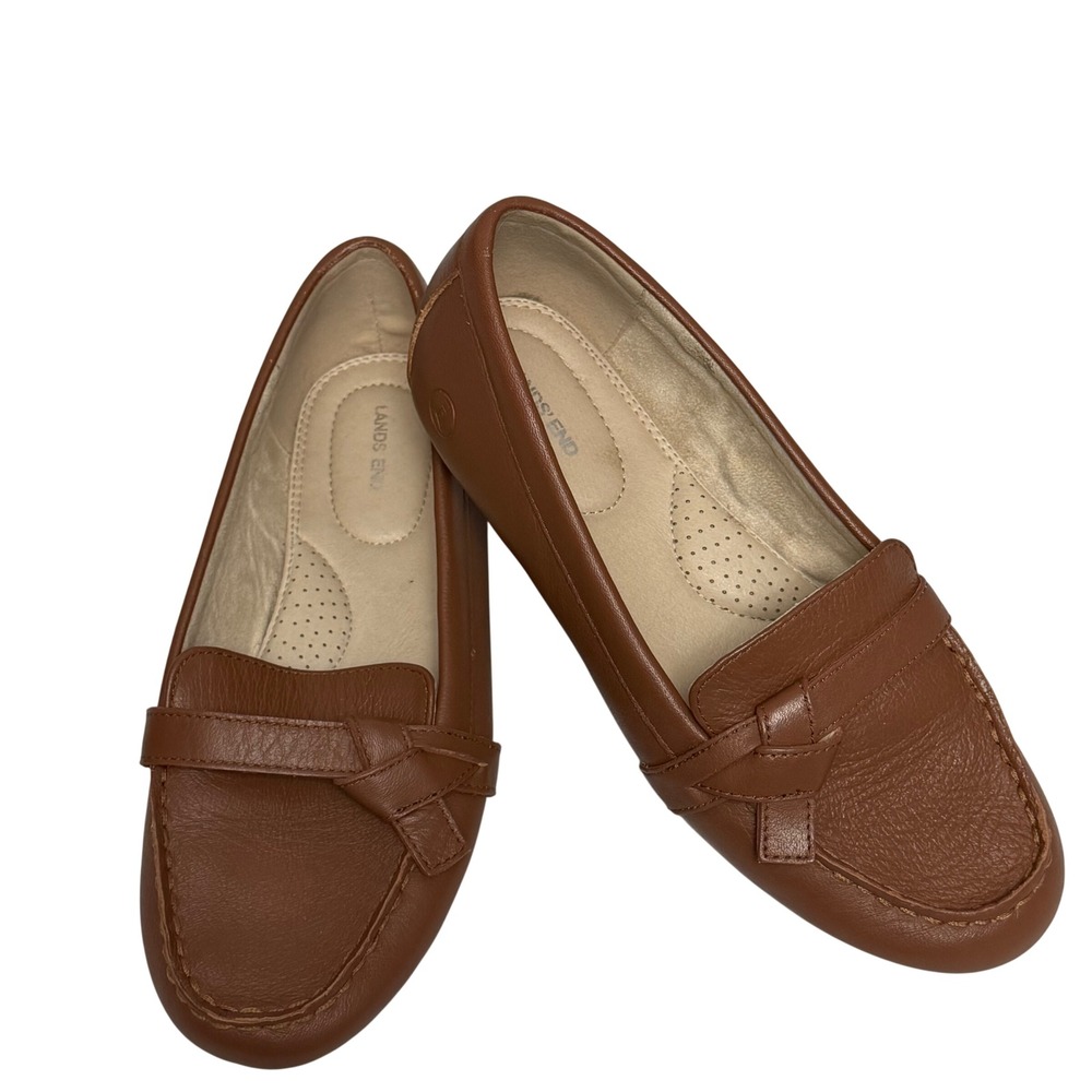 Lands End Womens Cognac Brown Leather Driving Loafers Shoes 7.5 D Wide Preppy